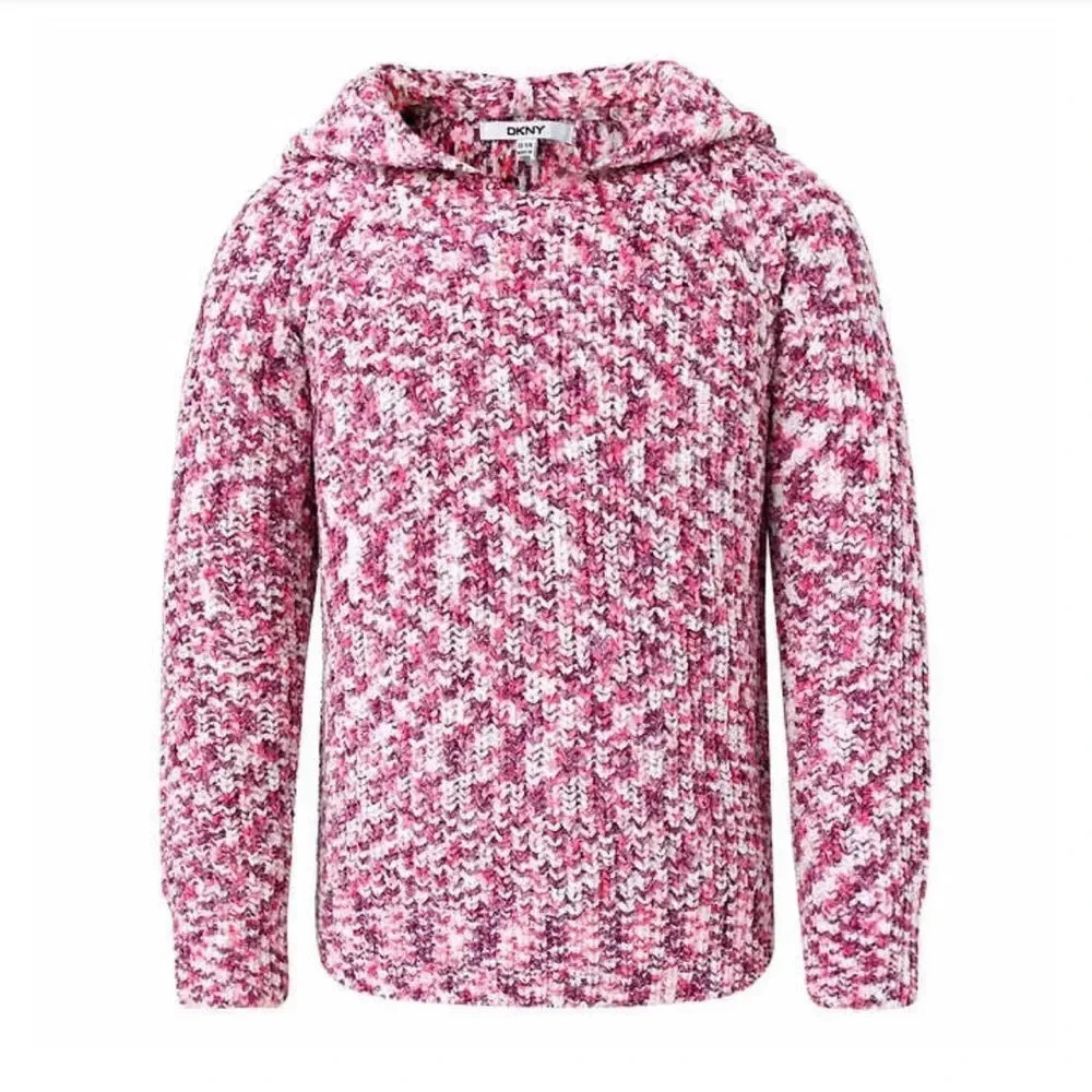 #2 DKNY Youth  Pink Purple White Chenille Sweater Soft Hood Large Medium NWT